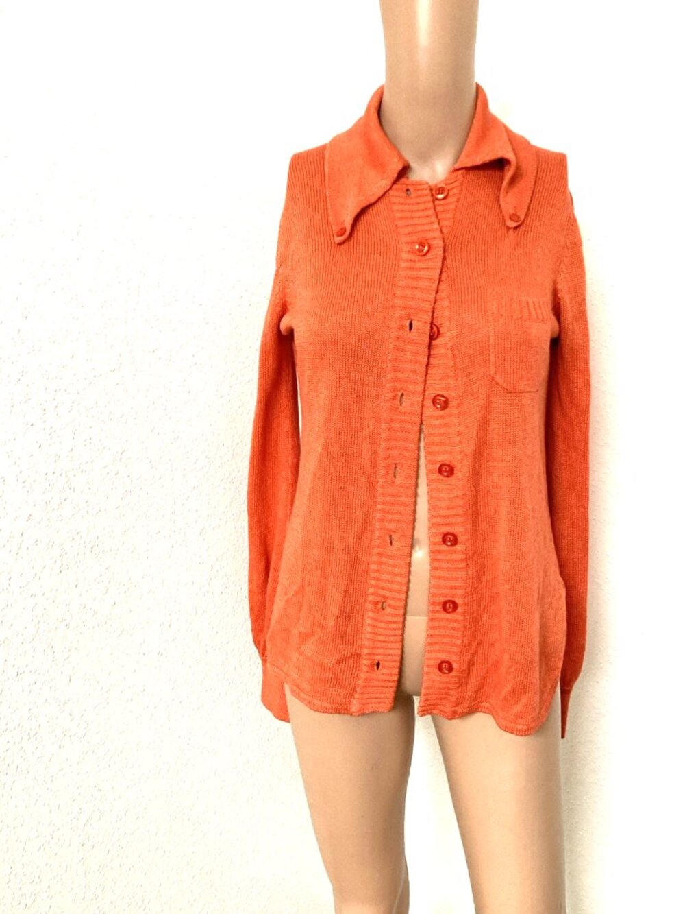 Vintage Women's Orange Knit Button Down Shirt Collared Retro Top